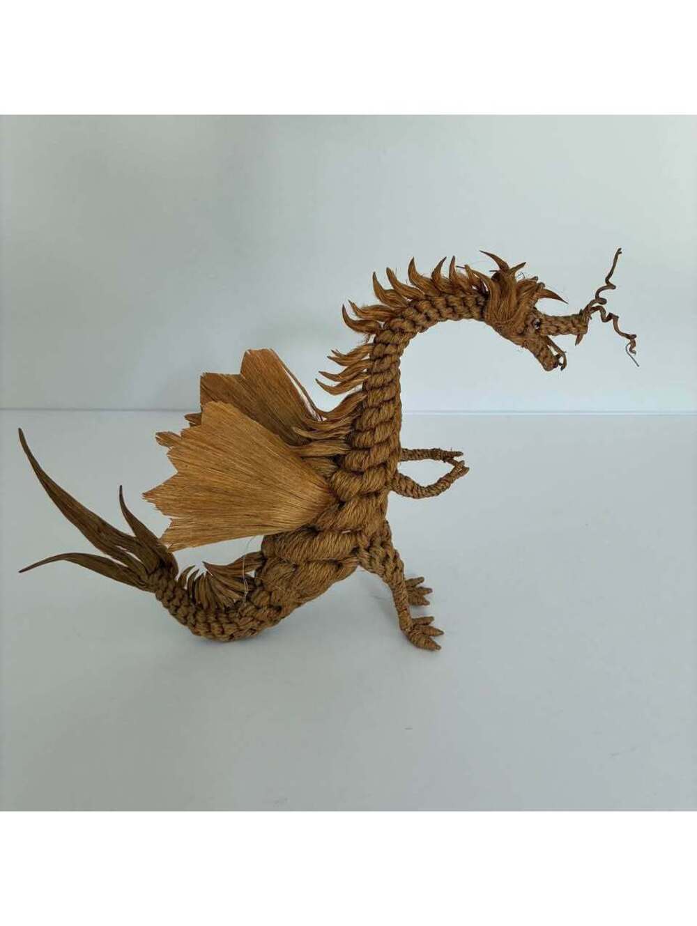 Vintage Jute Rope Dragon Figurine Asian Folk Art Boho Sisal Sculpture Handmade